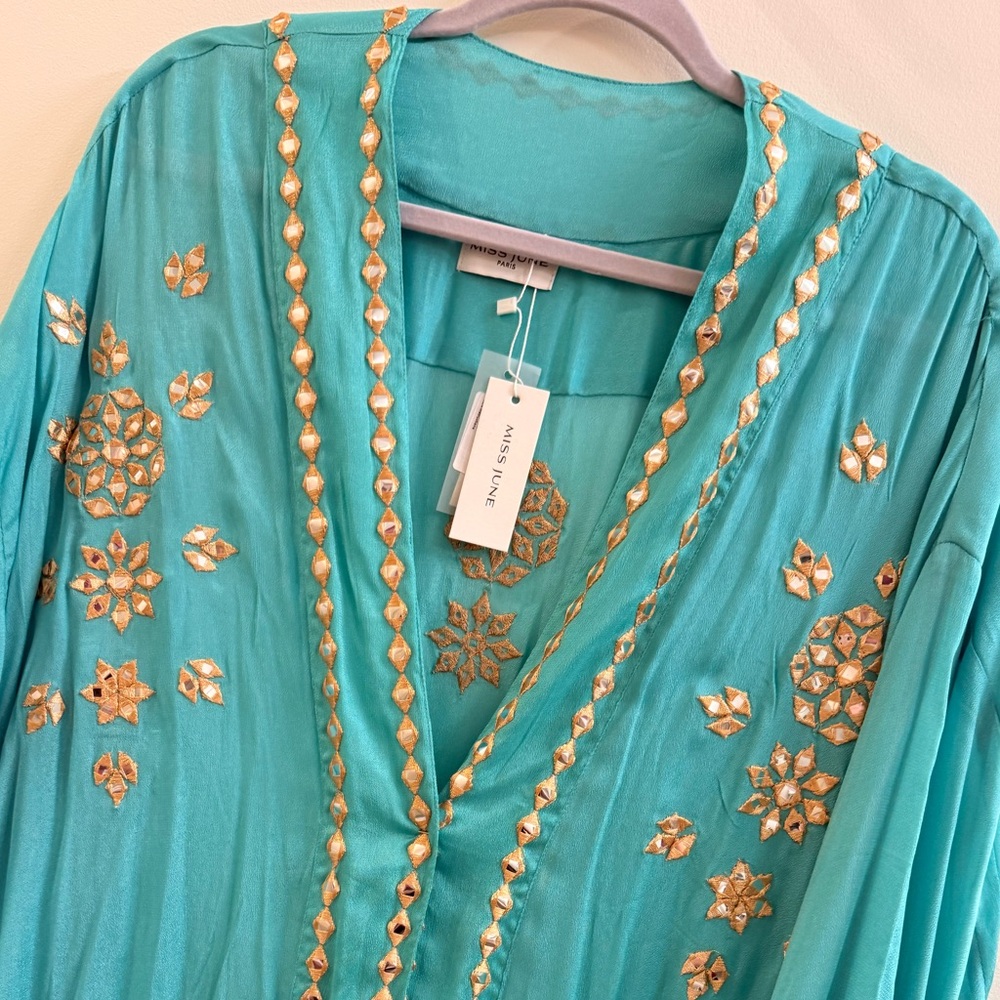Chic Turquoise Maxi Dress/Kimono with Gold Accents - Picture 6 of 8
